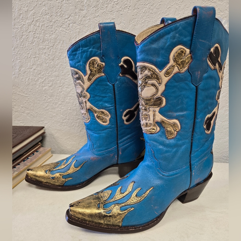 Corral Blue Leather Western Heeled Boots with Gold Accents